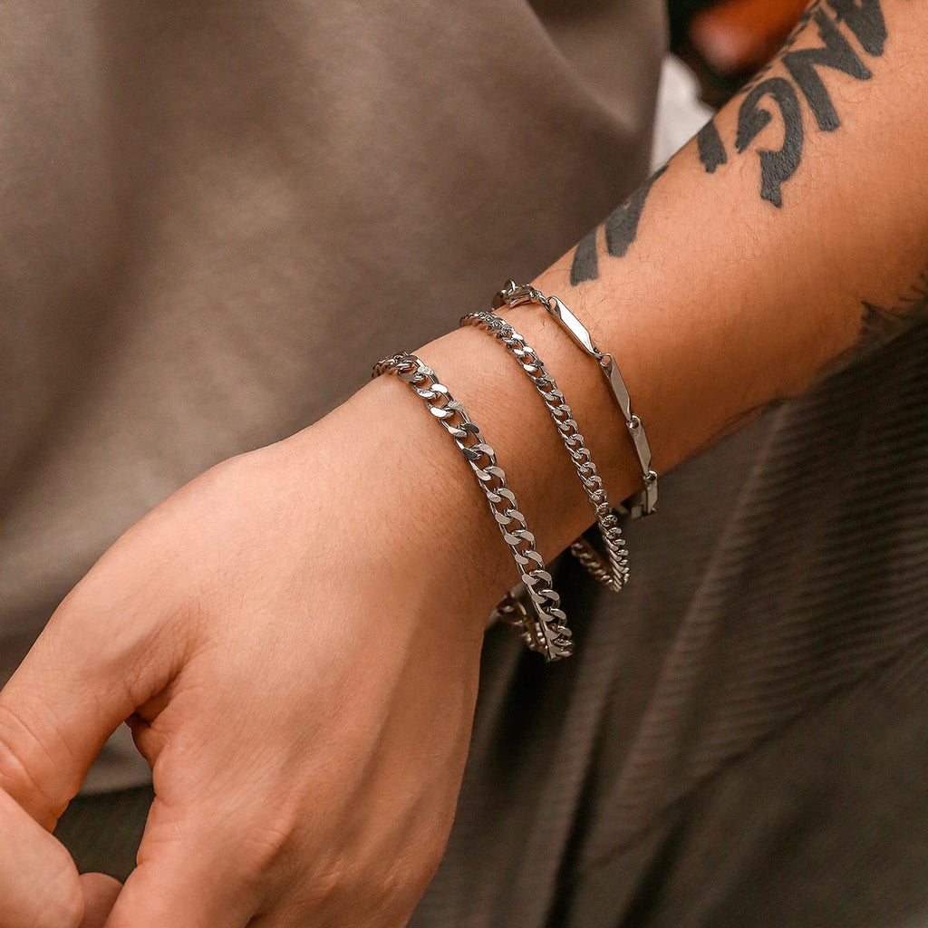 Stainless Steel Punk Cuban Chain Bracelet Set for Men Minimalist Silver Hip Hop Jewelry Gifts