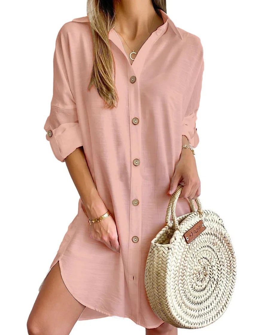 Solid Color Button Front Shirt Dress Long Sleeve Lapel