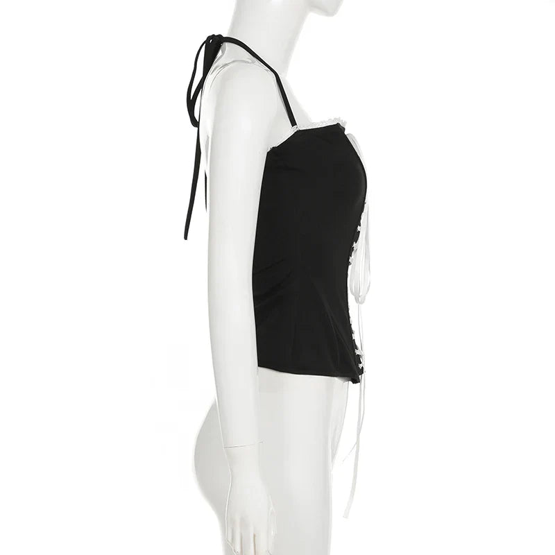 Slim Contrast Color Two-Piece Dress Set for Women Bandage Slash Neck Halter Top with Low-Waisted A-Line Skirt Elegant Sweet Casual Outfit