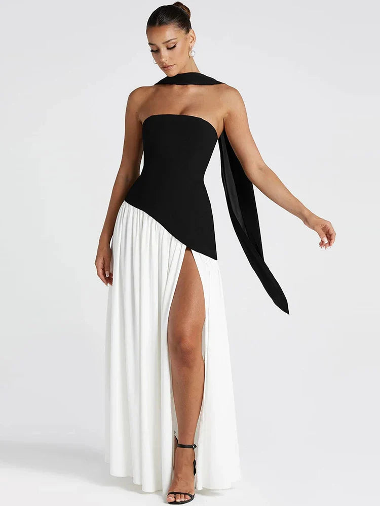 Backless Patchwork Dress Strapless Summer Draped Slit