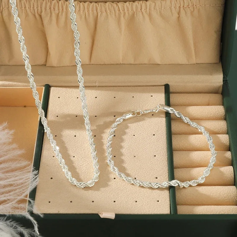 925 Sterling Silver Twisted Rope Chain Necklace and Bracelet Set for Men and Women High Quality Jewelry