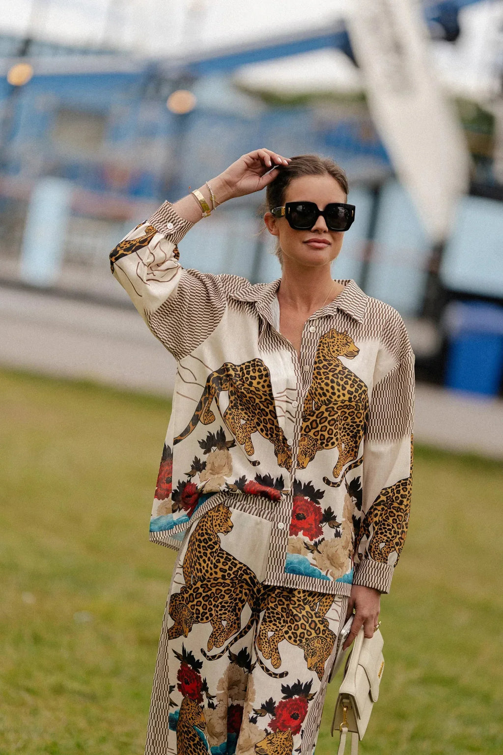 Autumn Women Leopard Print Suit Vintage Single Breasted Wide Leg Pants Set Casual Loose Outfit