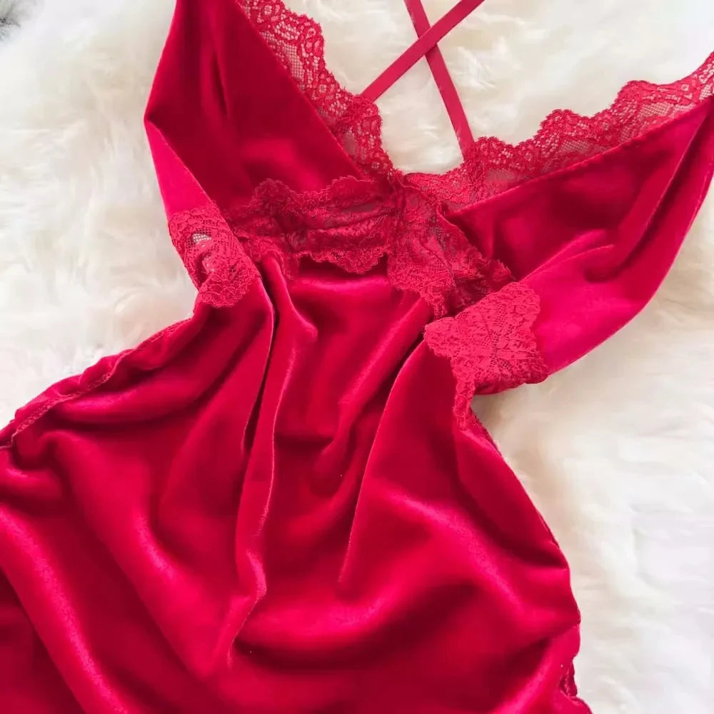 Golden Velvet Backless Lingerie With Lace Trim Sleep Dress