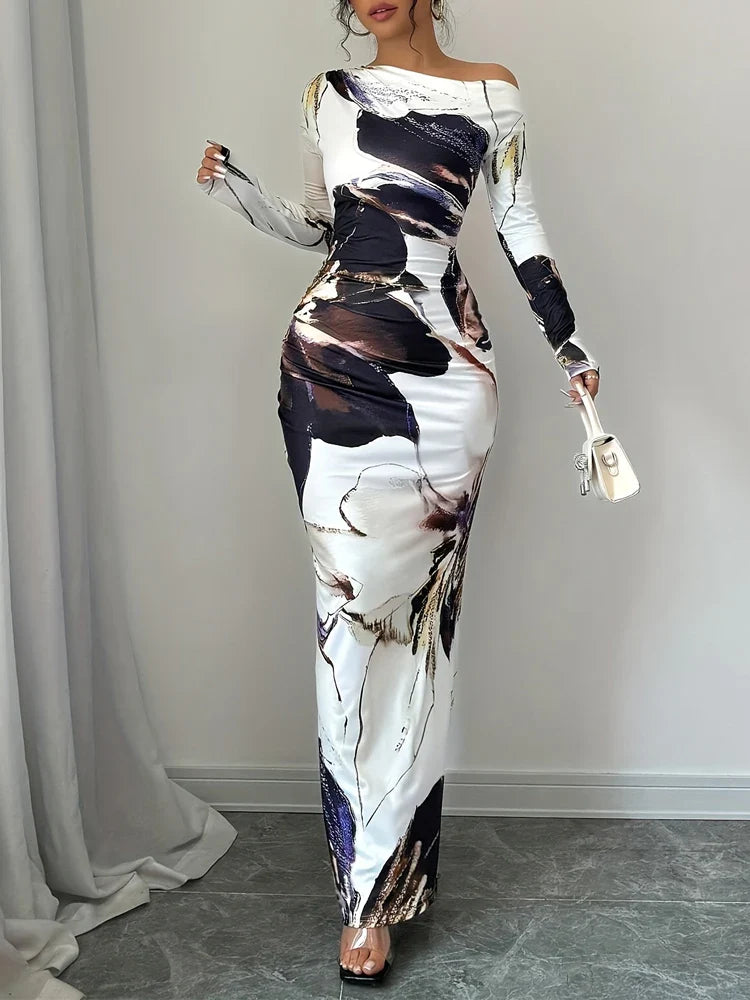 Off Shoulder Dress Slim Fit Printed For Spring Summer