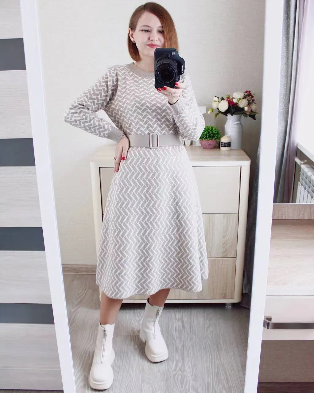 Jacquard Knit Sweater Dress With Belt Elegant Pleated Maxi