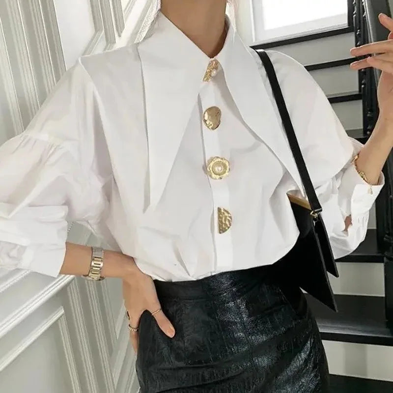 Spring Lapel Turn Down Collar Lantern Sleeve Casual Blouse Elegant Retro Loose Fit All-Match Women's Shirt
