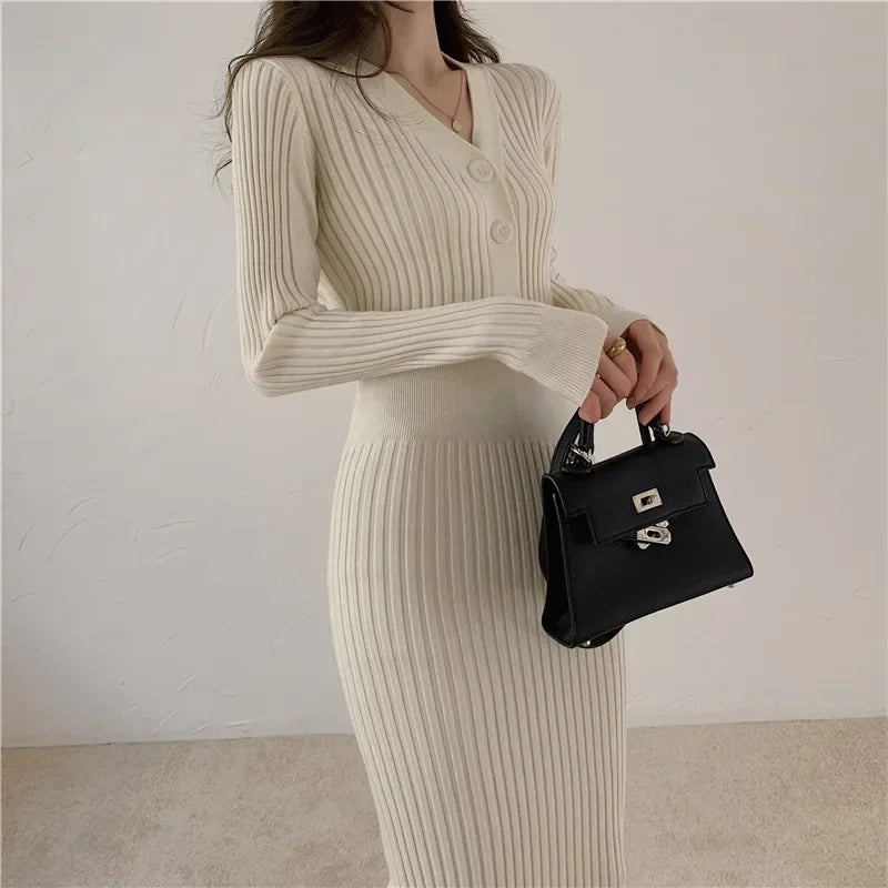 Knit V Neck Women Sweater Dress Long Sleeve Bodycon Office