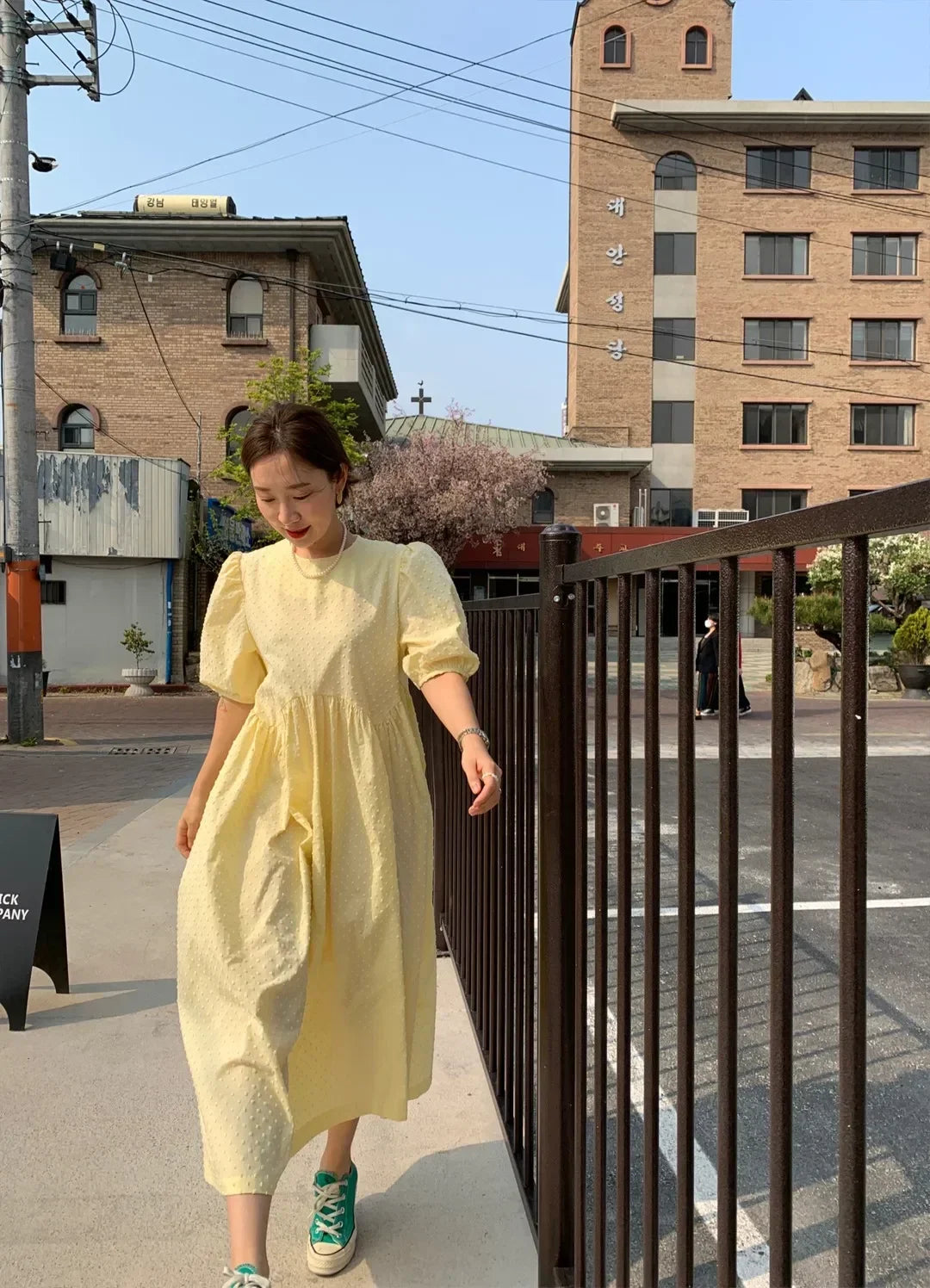 Women Polka Dot Puff Sleeve Long Dress Casual Party