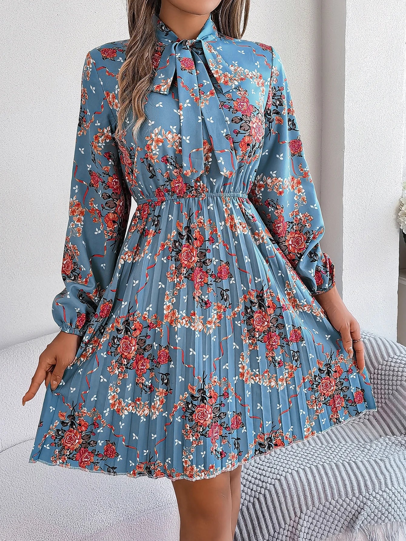 Floral Print Lace Up Long Sleeve Pleated Dress With Bow
