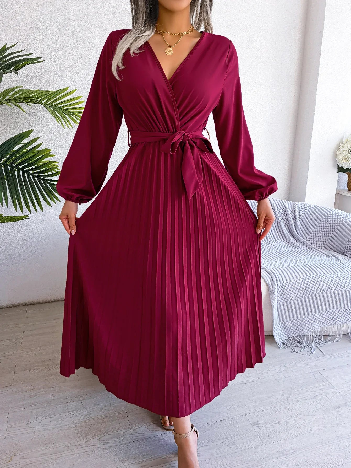 Elegant Surplice Neck Pleated Maxi Dress With Belt Flair