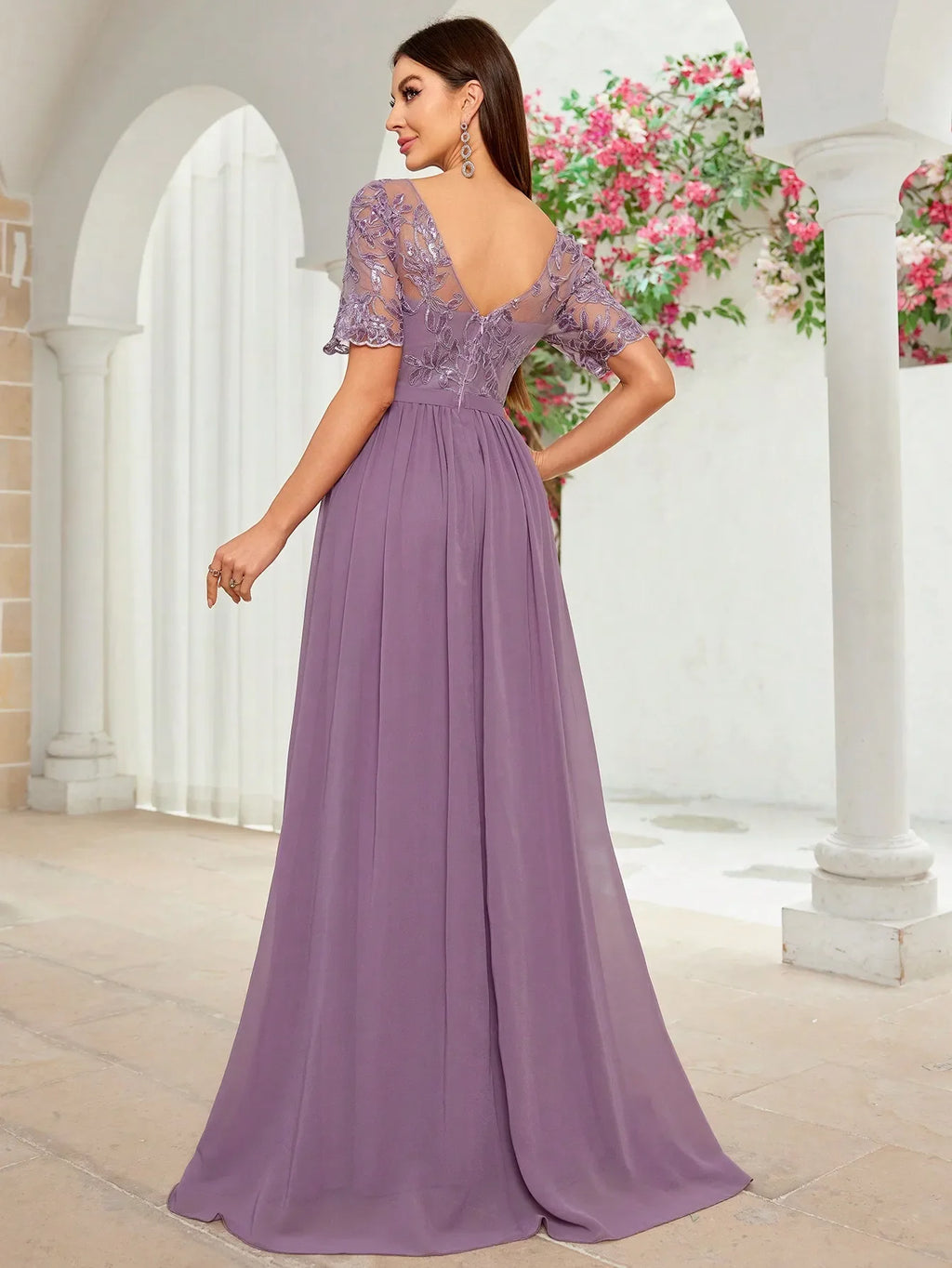 V Neck Embroidered Lace Chiffon Maxi Dress with Sleeves