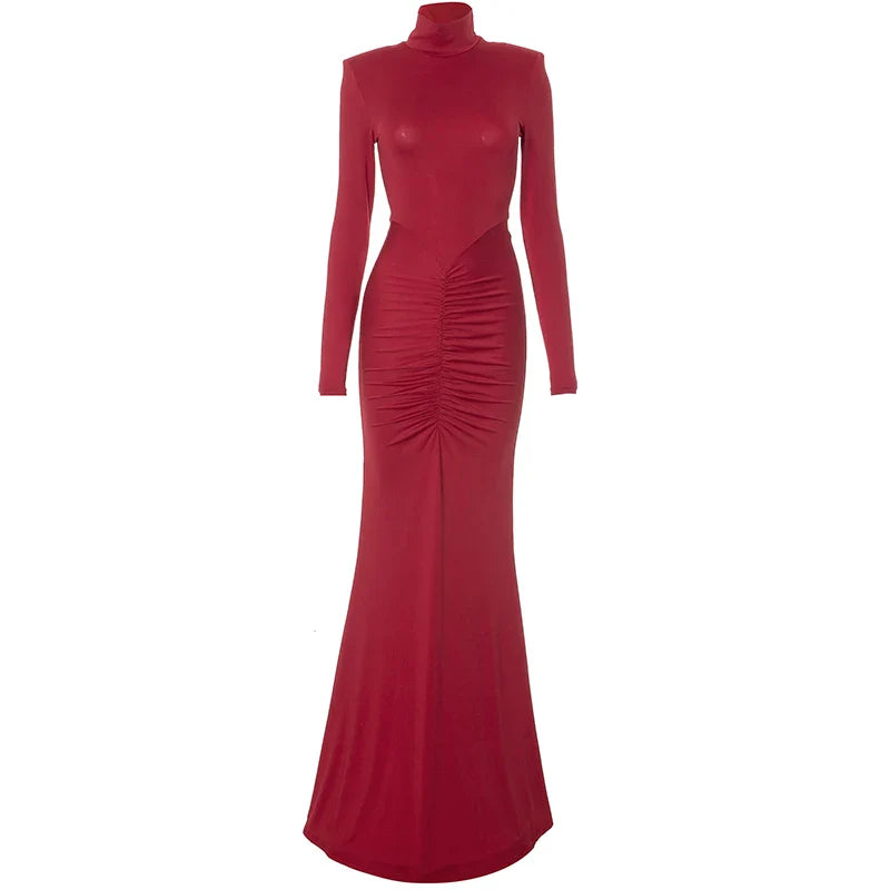 High Collar Pleated Fishtail Dress With Shoulder Pads