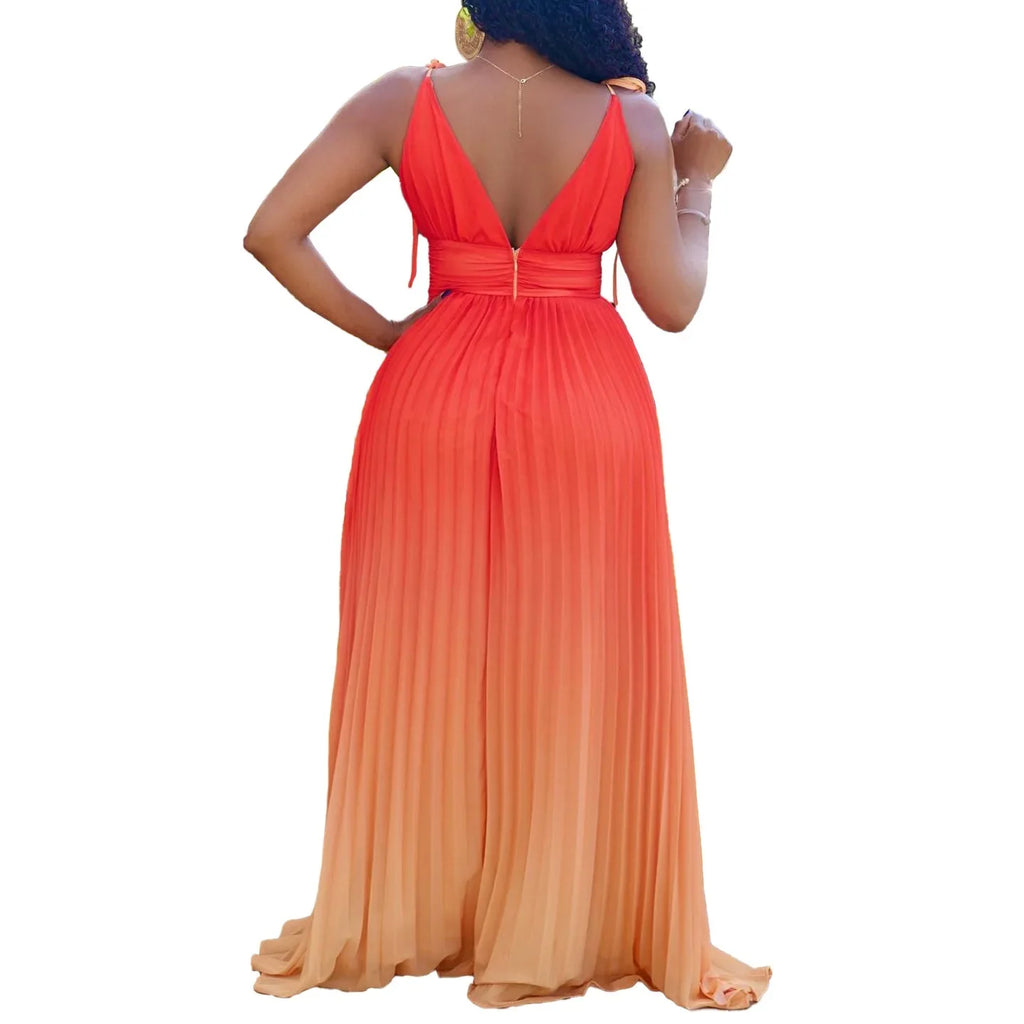 Maxi Dress Spaghetti Strap Pleated Deep V Neck Party