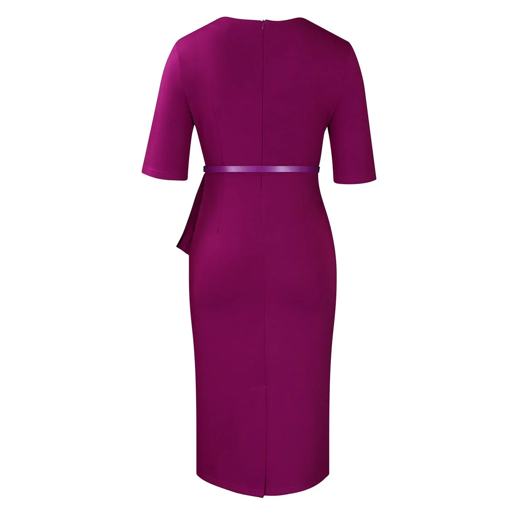 Women Square Neck Bodycon Midi Dress Belted For Work