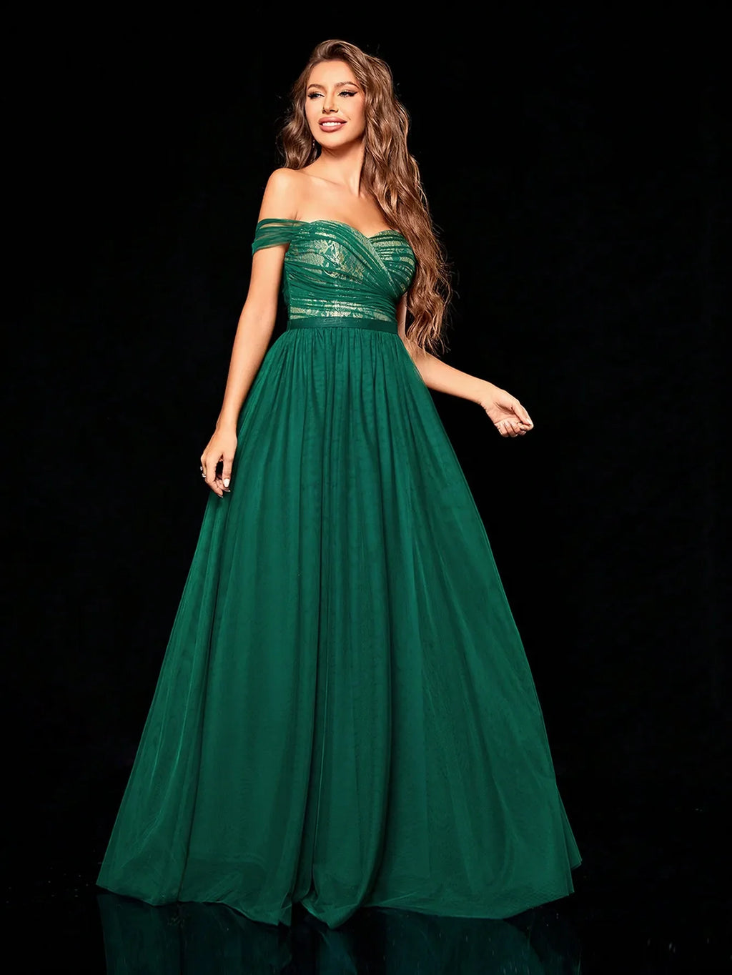 One Shoulder Mesh Maxi Dress With Gold Lace Accent