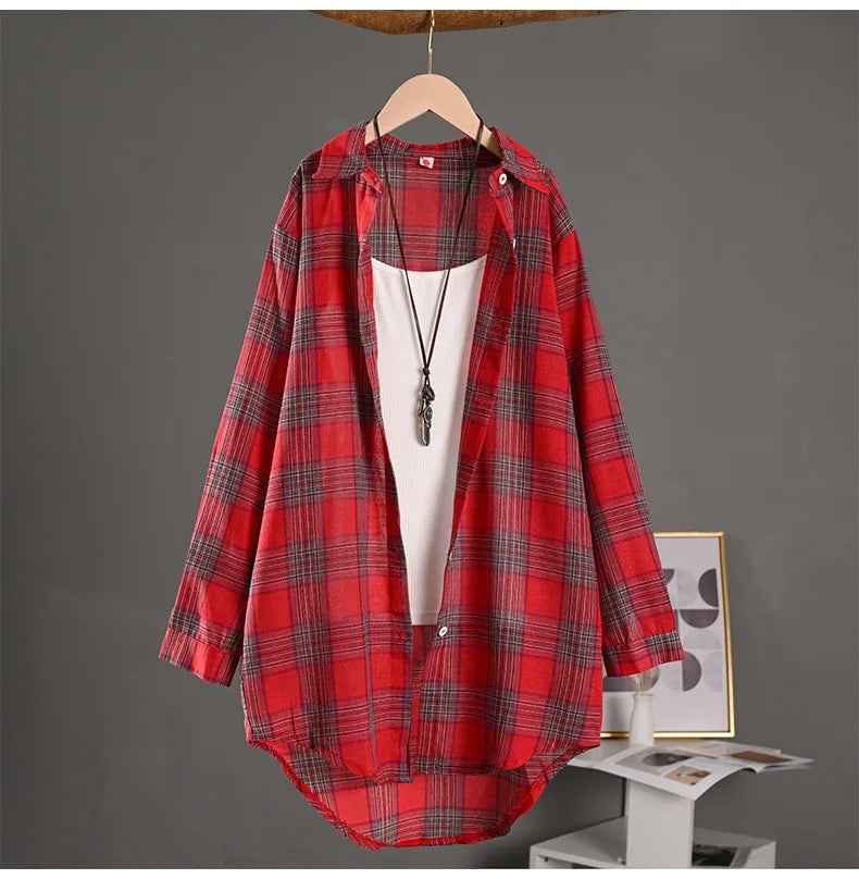 Women's Lightweight Cotton Linen Plaid Shirt Mid-Length Loose Jacket with Sun Protection for Spring and Summer Outerwear