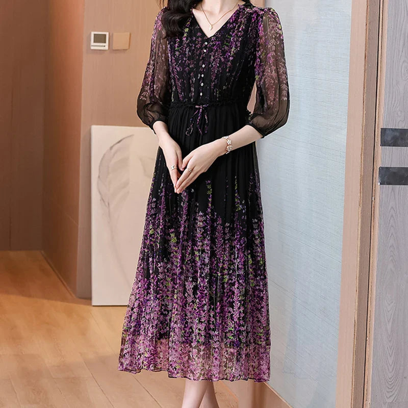 Purple Floral Chiffon Dress With V Neck And Lantern Sleeves