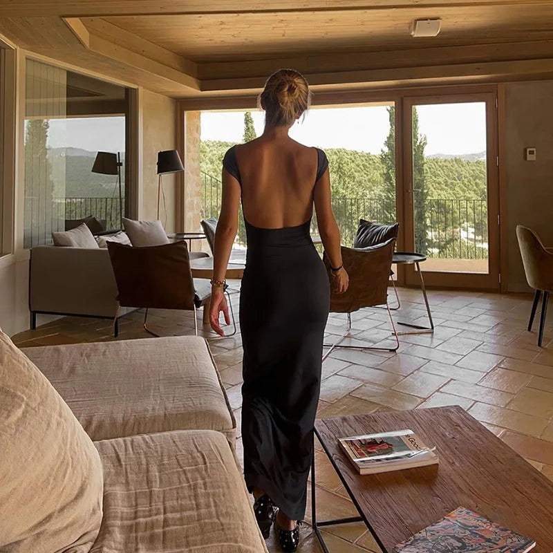 Backless Maxi Dress for Women Black A Line Elegant Party