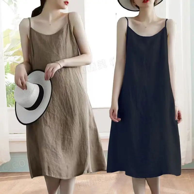 Cotton Linen Beach Dress Women Sleeveless A Line Summer