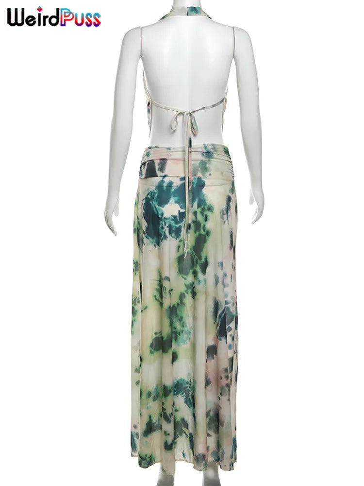 Backless Halter Bandage Tank Top and Mesh Ruffles Tie-Dye Skirt Two-Piece Summer Set for Women