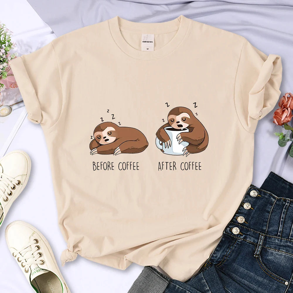 Before Coffee After Coffee Kawaii Sloth T Shirt for Women Casual Fashion Short Sleeve Breathable Tee