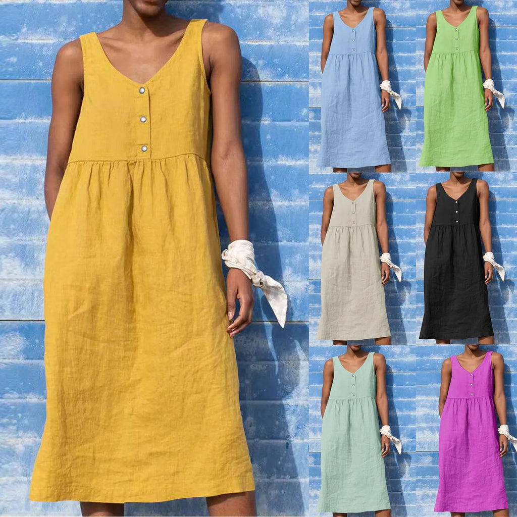 Boho Cotton Linen Sleeveless Dress For Women Summer Holiday