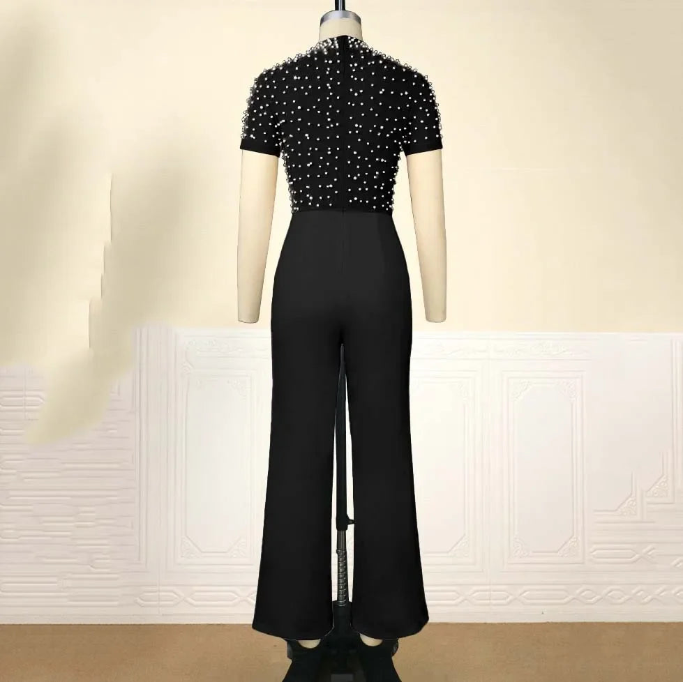 Elegant High Waisted Beaded Short Sleeve Jumpsuit for Women Luxury Birthday Dinner Party Romper Overalls Outfit