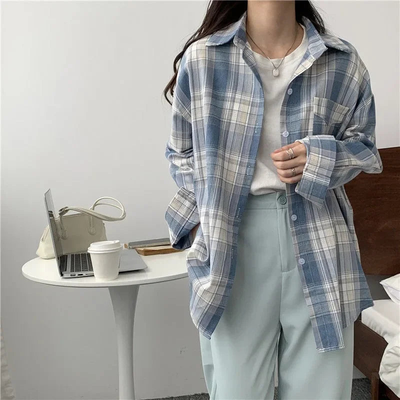 Casual Long Sleeve Plaid Blouse Mid Length Loose Fit Turn Down Collar Shirt for Women Autumn Winter Fashion Top