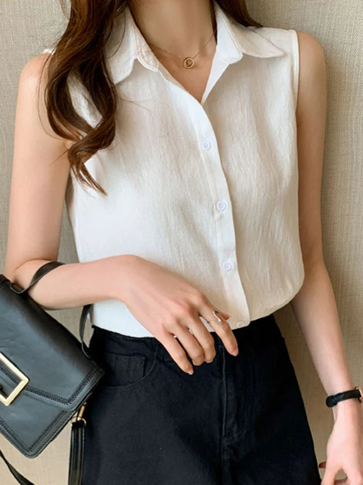 Sleeveless Turn-Down Collar Blouse for Women Elegant OL Style Workwear Shirt Lightweight Summer Top