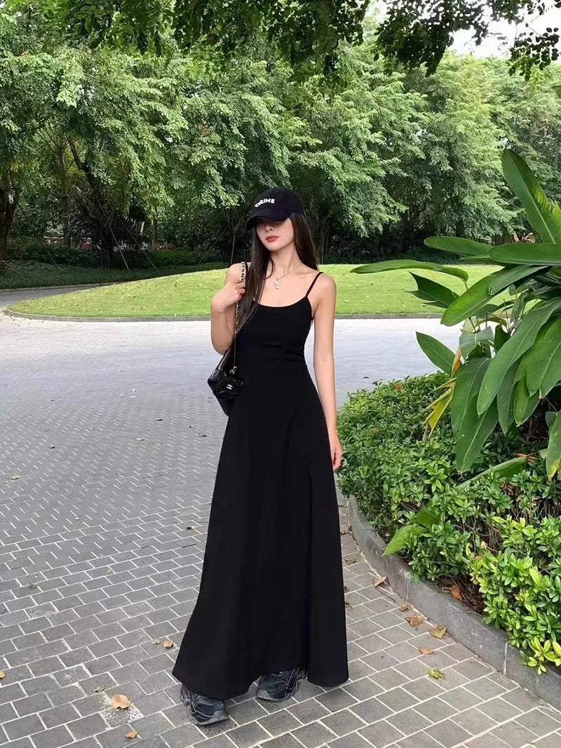 Black Backless Spaghetti Strap Dress Women Elegant Slim