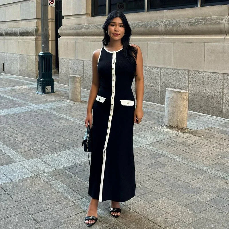 Elegant Sleeveless Ribbed Knit Bodycon Dress High Waist