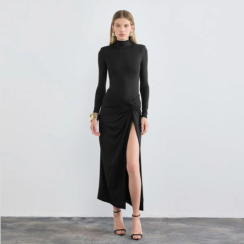Black Maxi Dress For Women With Slit And Turtleneck Style