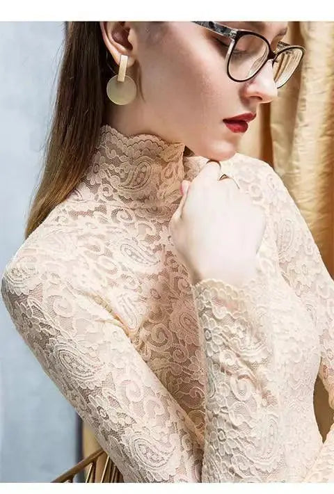 Thick and Thin Fleece Women's Long Sleeve High Neck Lace T-Shirt for Office and Casual Wear