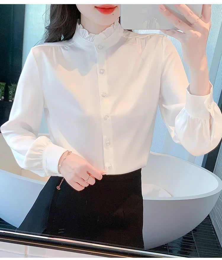 Women's Elegant Long Sleeve Chiffon Blouse with Stand Collar Lightweight White Shirt Top