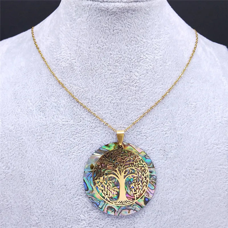 Tree of Life Abalone Shell Necklace Gold Color Stainless Steel Boho Jewelry for Weddings and Special Occasions