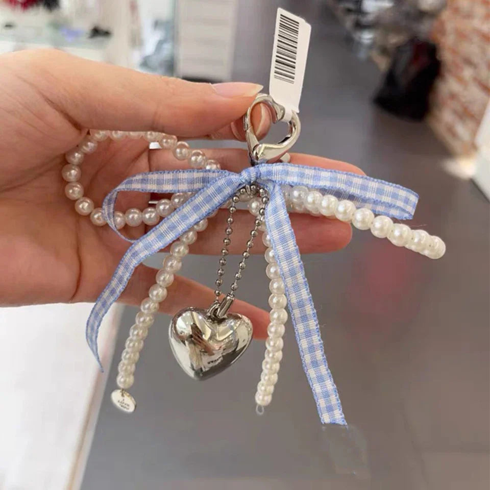 White Bowknot Heart Keychain for Women Sweet Charm Pearl Bow Backpack Key Ring Handmade Jewelry Ornament