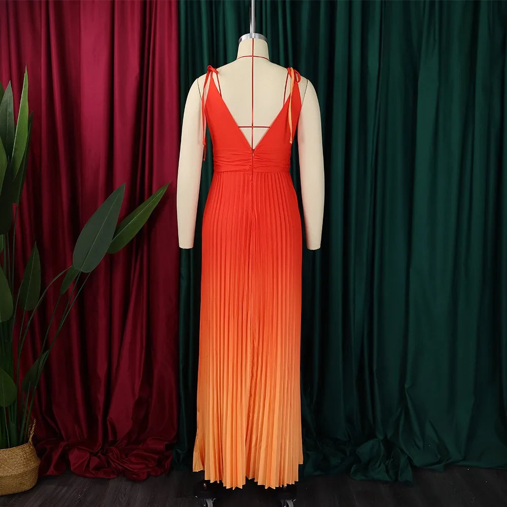 Maxi Dress Spaghetti Strap Pleated Deep V Neck Party