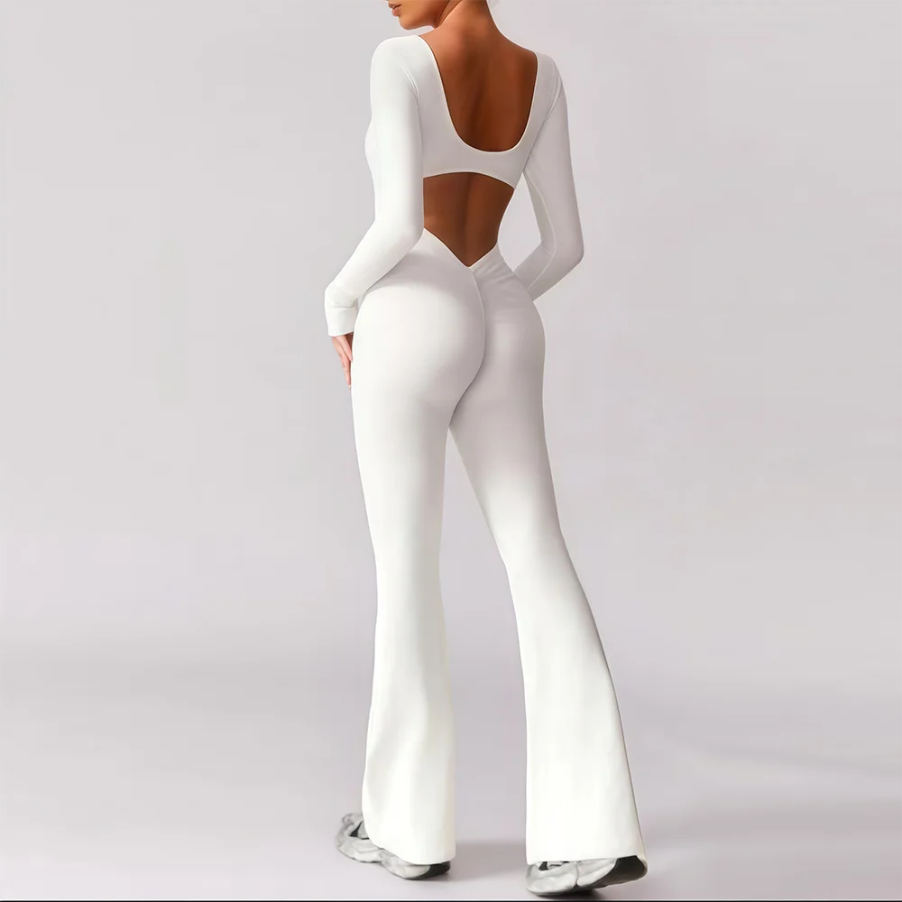 Long Sleeved U-Neck Tight Fit Backless Jumpsuit for Autumn and Winter Yoga Sports and Leisure