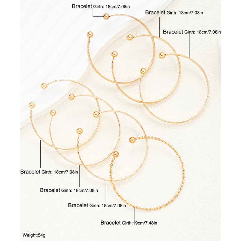 7 Piece Punk Gold Color Bracelet Set for Women with Heart Prints Metal Design Open Bangle Fashion Jewelry Gifts