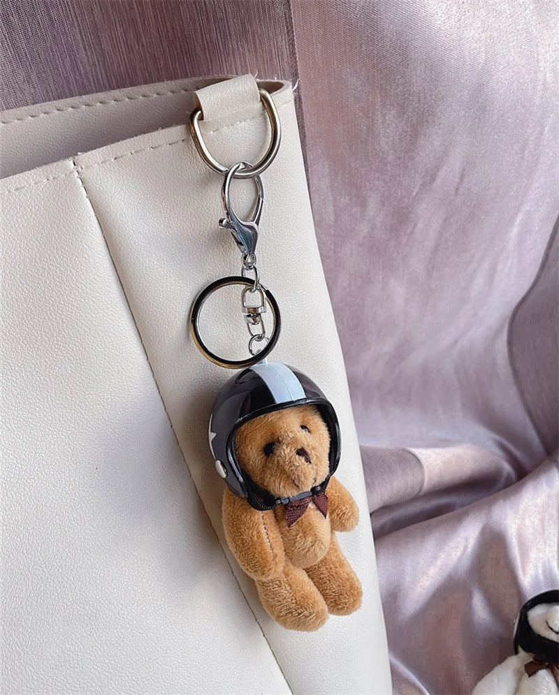 Helmeted Bear Charm Keychain Plush Ornament for Bags and Backpacks
