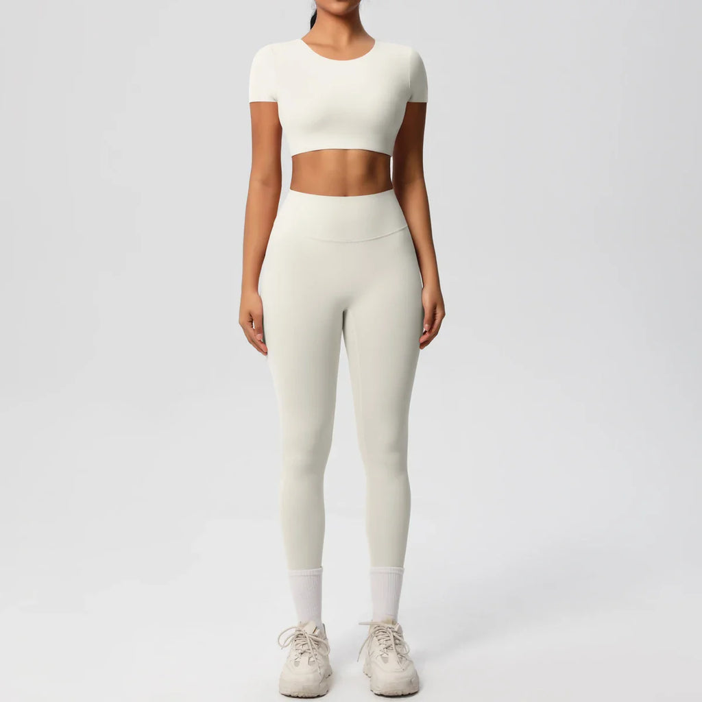 Yoga Set for Women Fitness Sportswear with Short Sleeve Top and High Waist Leggings