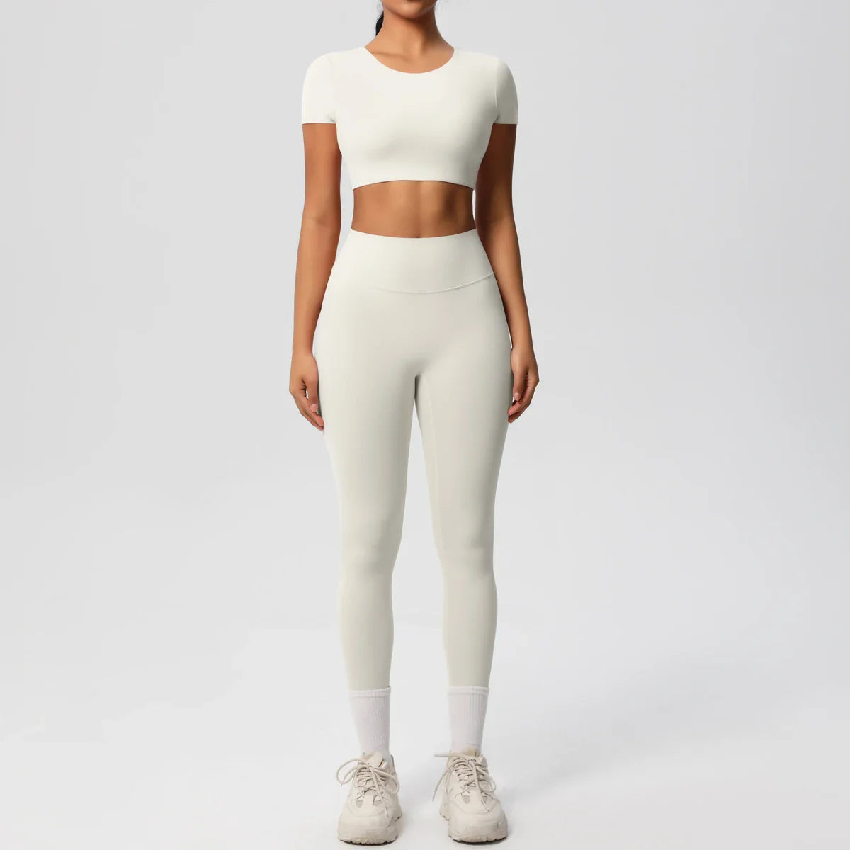 Yoga Set for Women Fitness Sportswear with Short Sleeve Top and High Waist Leggings