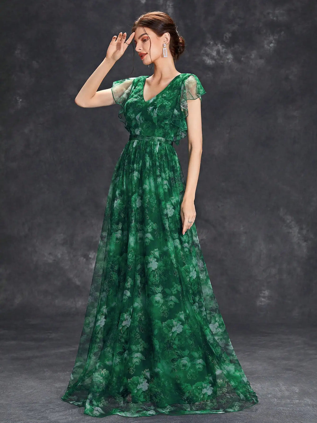 V Neck Lace Patchwork Evening Gown With Ruffled Sleeves