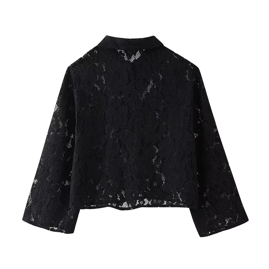 Black Lace Embroidered Short Shirt with Long Sleeves Elegant Autumn and Winter Fashion Top