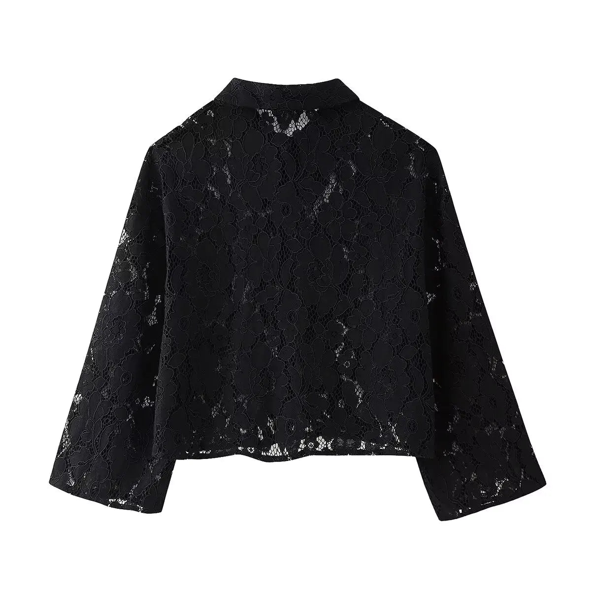 Black Lace Embroidered Short Shirt with Long Sleeves Elegant Autumn and Winter Fashion Top