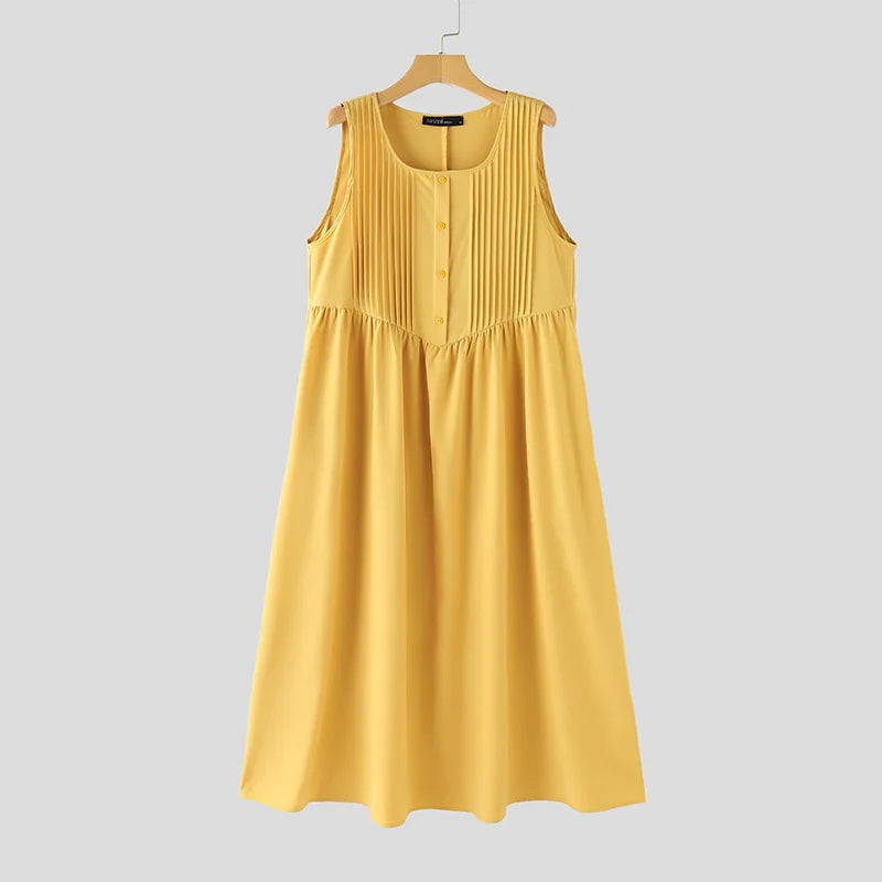 Sleeveless Pleated Long Sundress For Summer Beach Casual