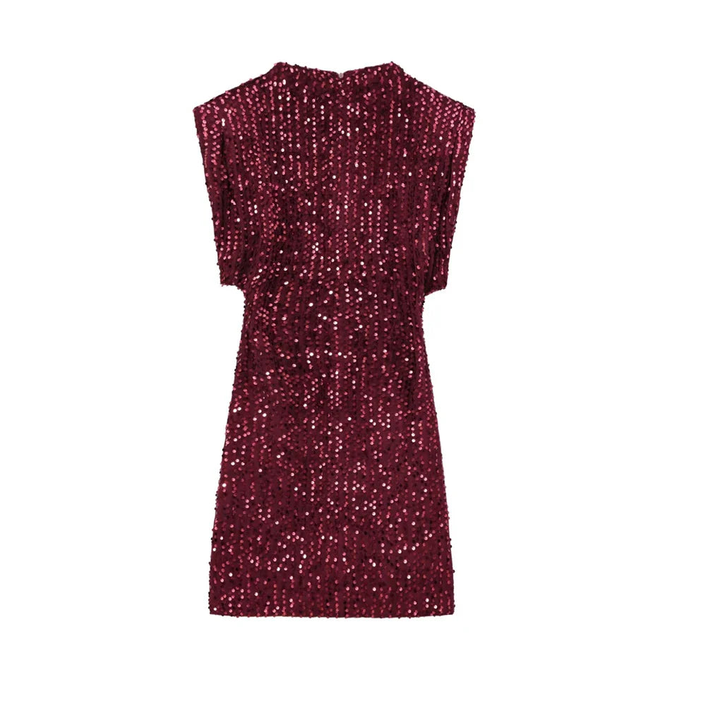 Sequined Mini Dress With Shoulder Pads O Neck Sleeveless