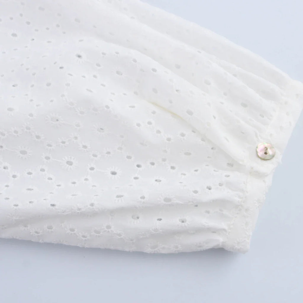 Womens Hollow Embroidery V Neck Lantern Sleeve Mini Dress