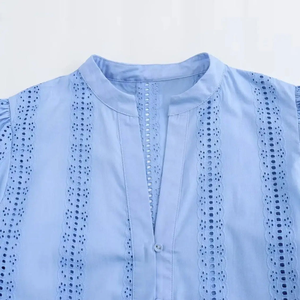 Loose Lace Up White Shirt for Women Elegant Hollow Out Embroidered Puff Sleeve Cropped Top