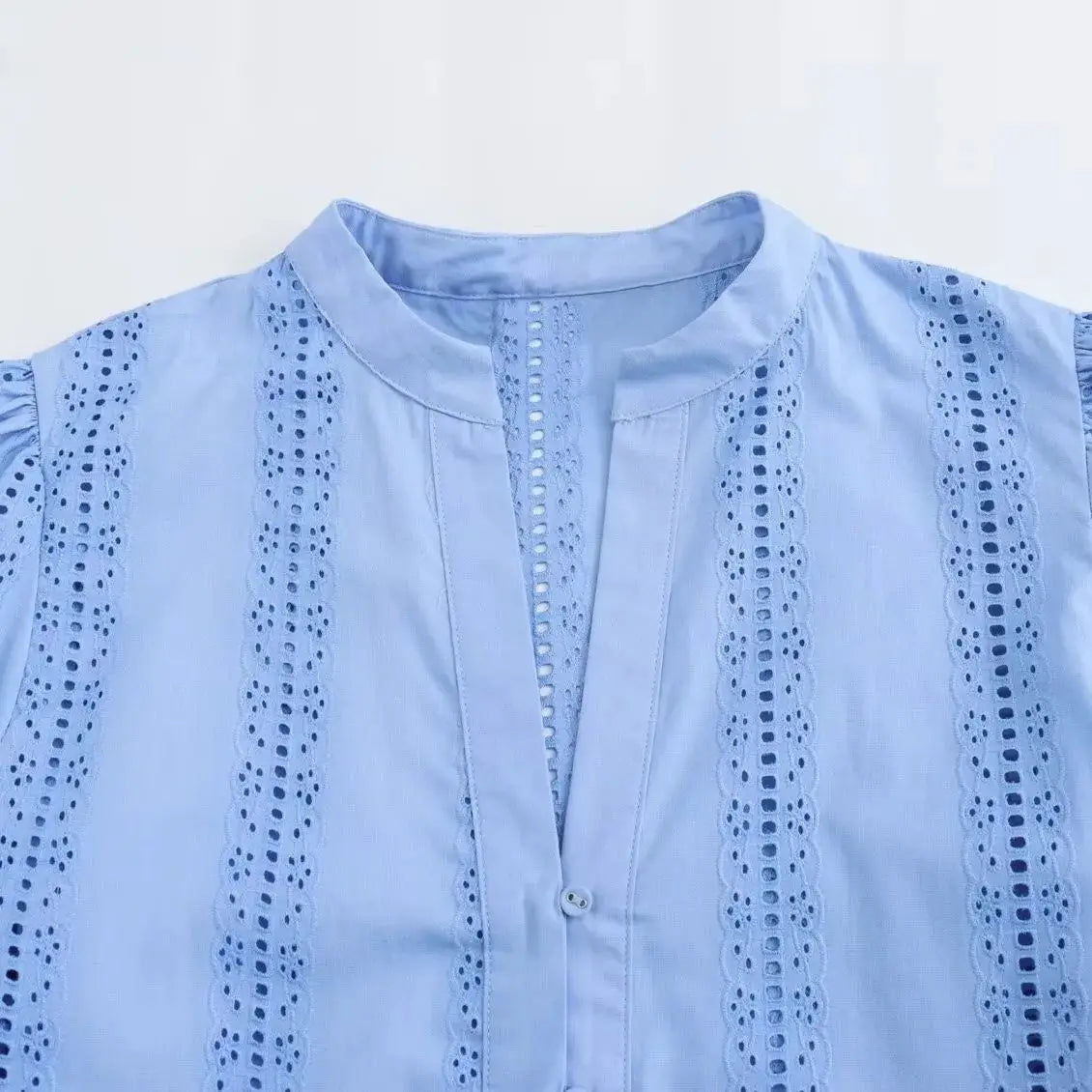 Loose Lace Up White Shirt for Women Elegant Hollow Out Embroidered Puff Sleeve Cropped Top